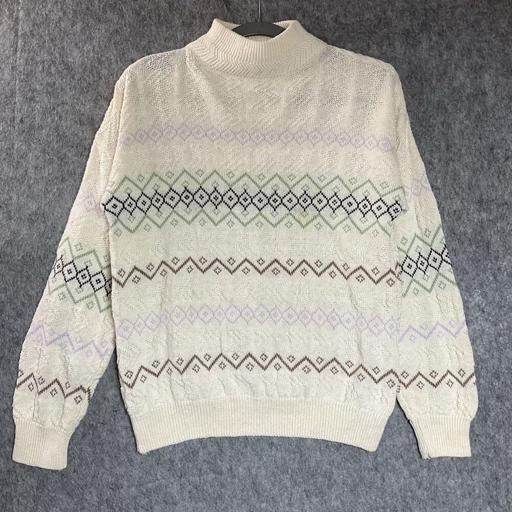 Vintage Sweater Womens PM Cream Geometric Knit Pullover Hong Kong Cottage Petite